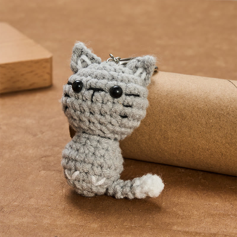 Buddha Stones Handmade Crochet Light Gray Cute Cat Charm Gift Keychains - image 2