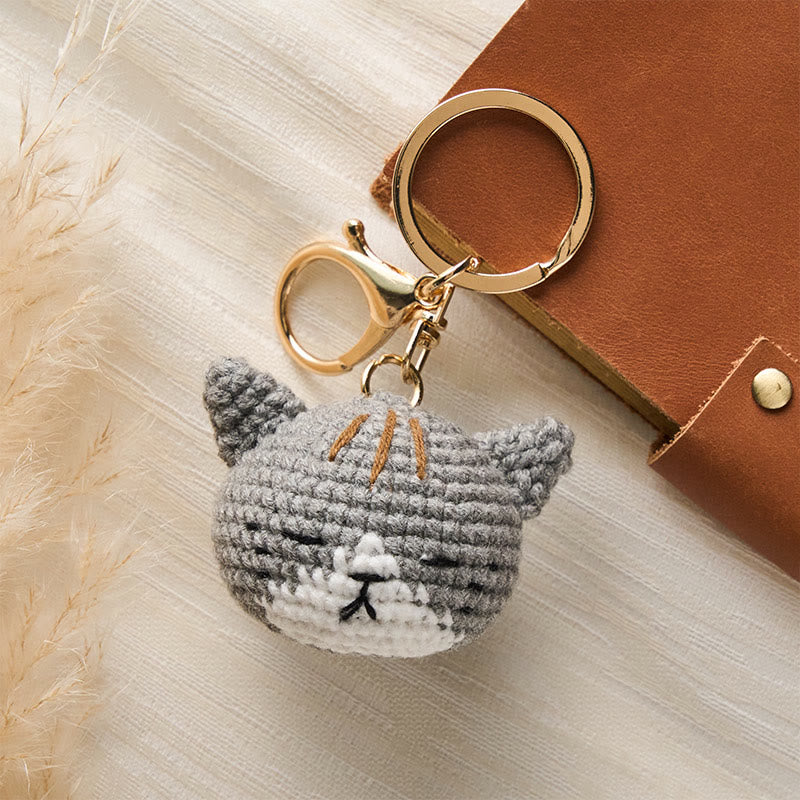 Buddha Stones Hand-Woven Crochet Cute Cat Head Bag Harmony Keychains - Gray Cat - image 4