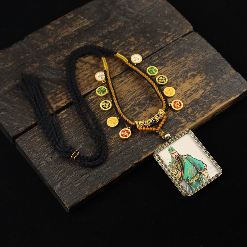 Buddha Stones Copper Lord Guan Protection Braided Tassel Thangka Necklace - Green Half-body Lord Guan Thangka - image 5