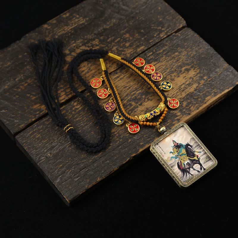 Buddha Stones Copper Lord Guan Protection Braided Tassel Thangka Necklace - Green Horse-riding Lord Guan Thangka - image 9
