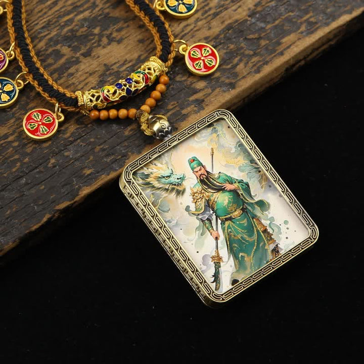 Buddha Stones Copper Lord Guan Protection Braided Tassel Thangka Necklace - Green Full-body Lord Guan Thangka - image 0
