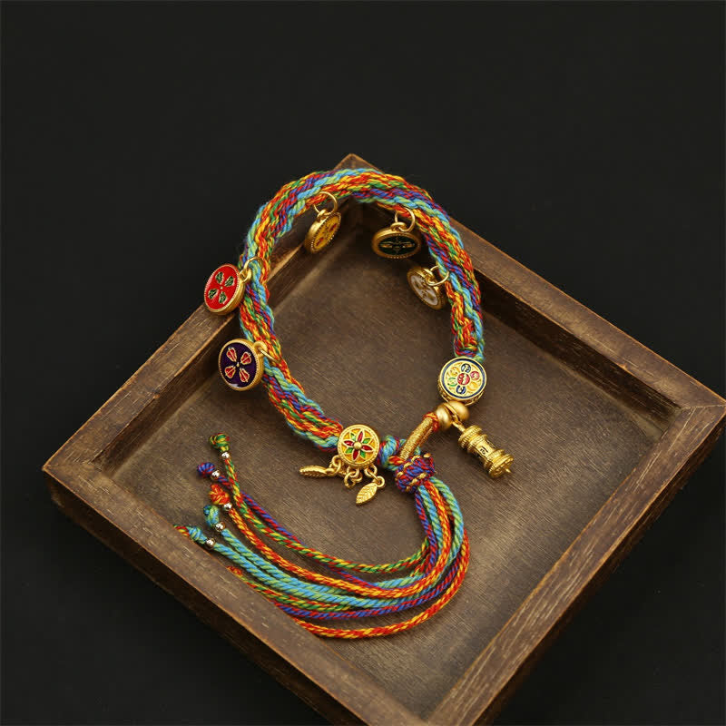 Buddha Stones Rainbow Braided String Om Mani Padme Hum Wisdom Tassel Bracelet - image 1