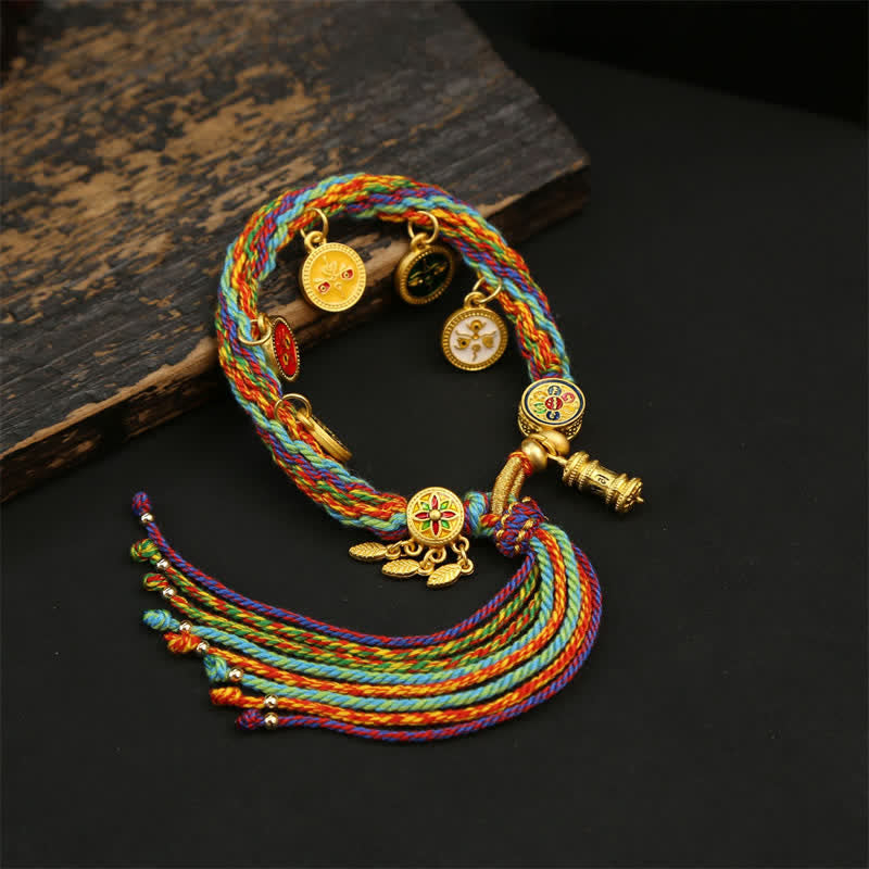 Buddha Stones Rainbow Braided String Om Mani Padme Hum Wisdom Tassel Bracelet - Five Wealth Gods(Wrist Circumference: 5.5–7.5 in /14–19 cm) - image 0