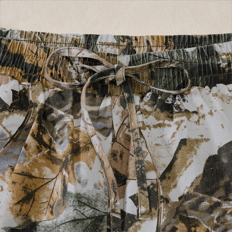 Buddha Stones Summer Casual Athletic Drawstring Camouflage Leaves Cotton Ramie Men's Shorts With Pockets - image 5