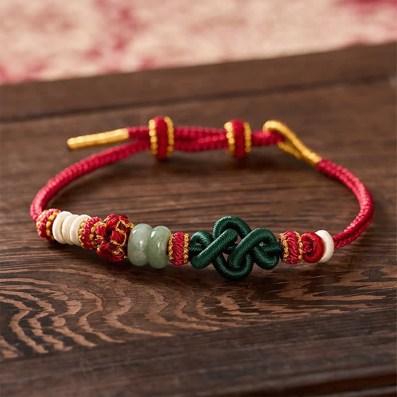 Buddha Stones Handmade Braided Ruyi Peach Blossoms Knot Jade Luck Adjustable Bracelet - 5.9-7.5  in / 15-19cm - image 0