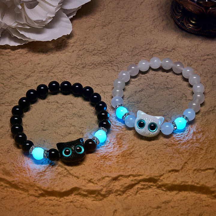 Buddha Stones White Jade Black Obsidian Cute Cat Head Purity Beaded Bracelet - image 0