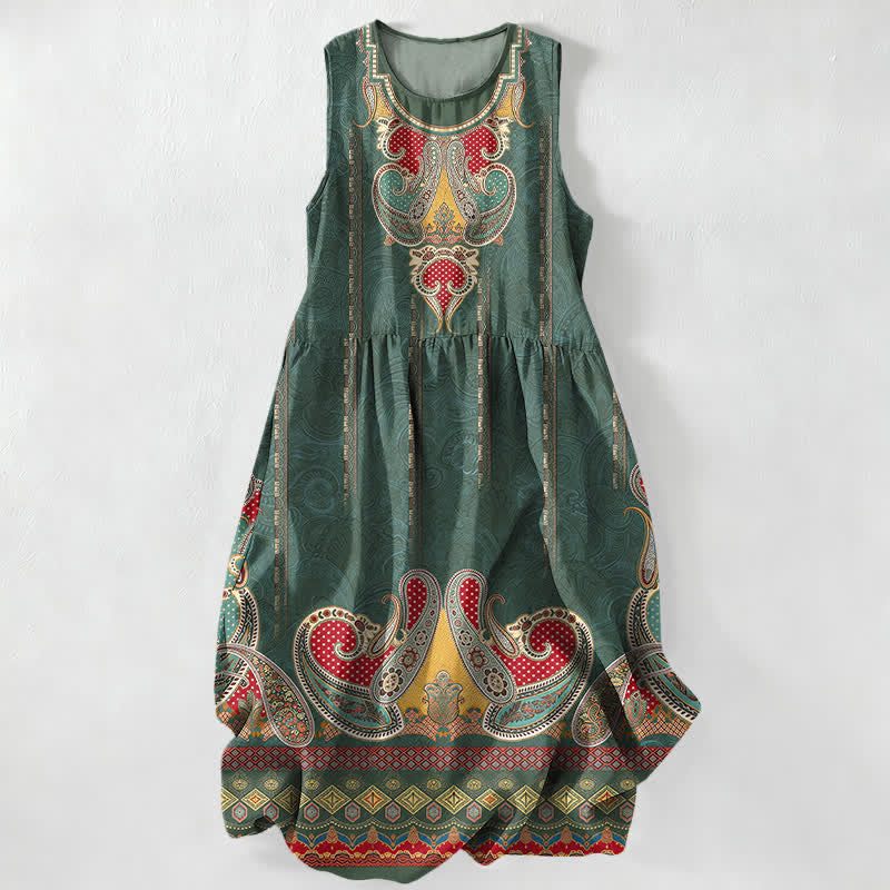 Buddha Stones Summer Casual Persian Paisley Border Pattern Women's Summer Sleeveless Midi Dress With Pockets - ForestGreen - US16，UK/AU20，EU48 (3XL) - image 4