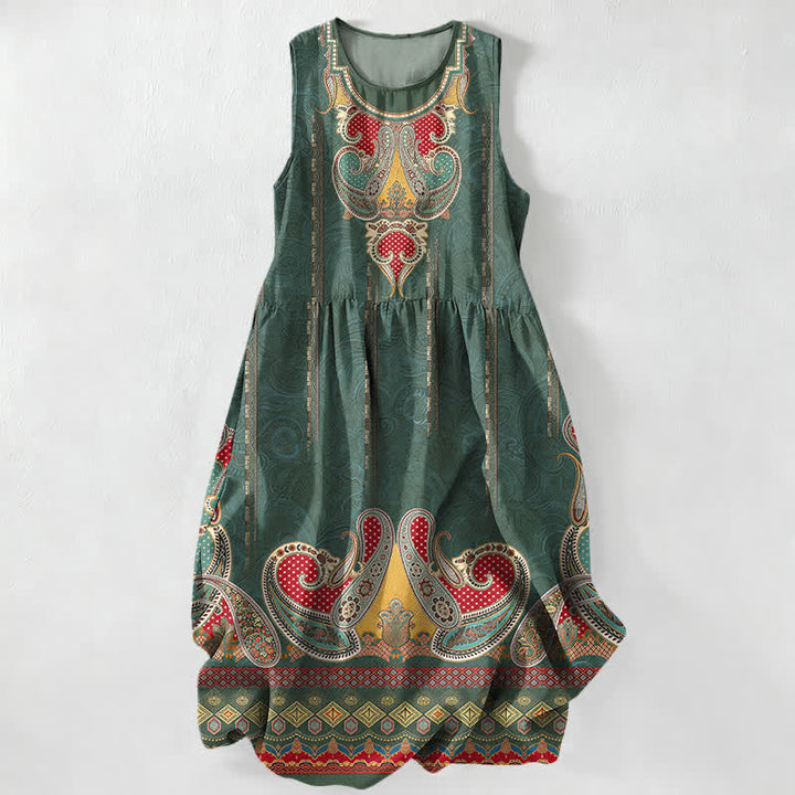 Buddha Stones Summer Casual Persian Paisley Border Pattern Women's Summer Sleeveless Midi Dress With Pockets - ForestGreen - US16，UK/AU20，EU48 (3XL) - image 4