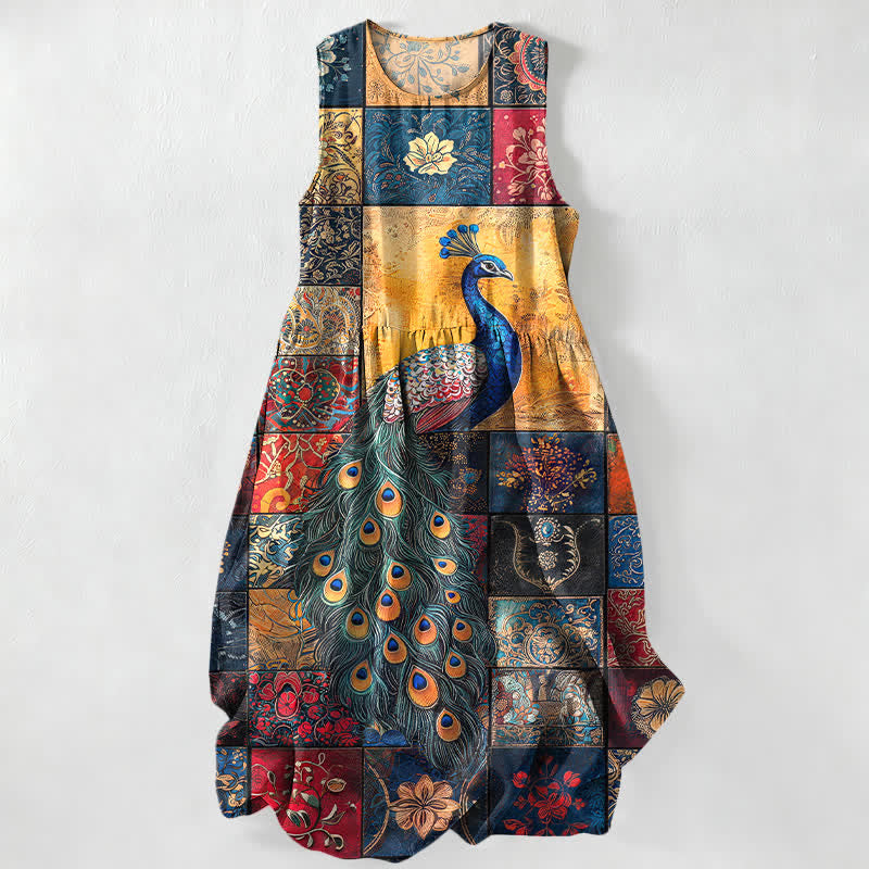 Buddha Stones Summer Casual Peacock Patchwork Pattern Women's Summer Sleeveless Midi Dress With Pockets - SteelBlue - US16，UK/AU20，EU48 (3XL) - image 0