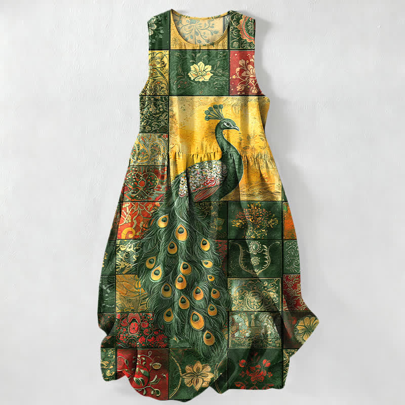 Buddha Stones Summer Casual Peacock Patchwork Pattern Women's Summer Sleeveless Midi Dress With Pockets - ForestGreen - US16，UK/AU20，EU48 (3XL) - image 5