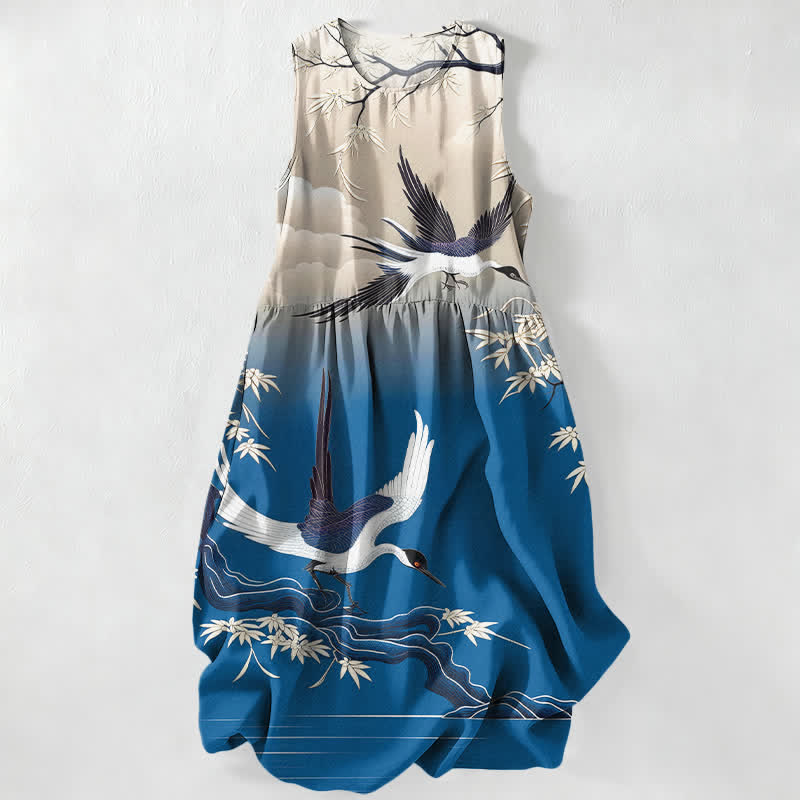 Buddha Stones Summer Casual Crane Bamboo Pattern Women's Summer Sleeveless Midi Dress With Pockets - RoyalBlue - US16，UK/AU20，EU48 (3XL) - image 0