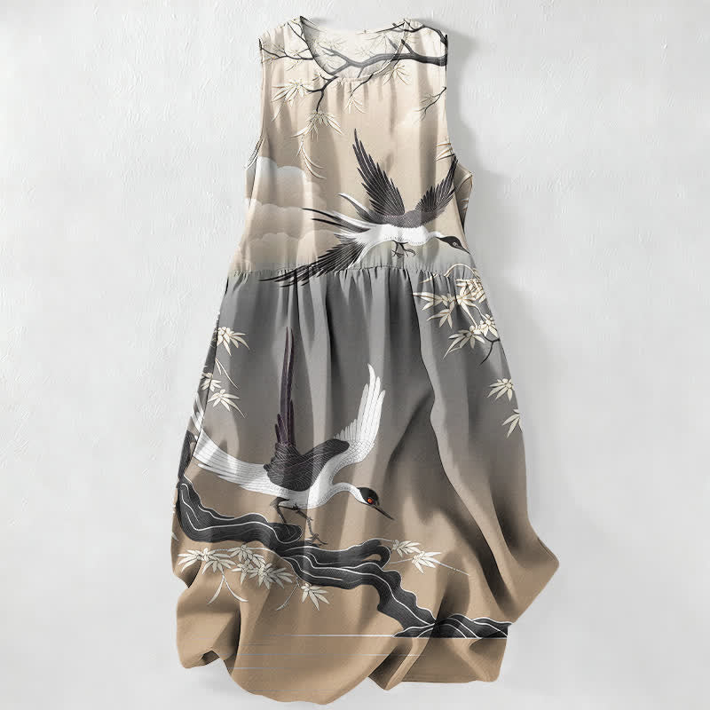 Buddha Stones Summer Casual Crane Bamboo Pattern Women's Summer Sleeveless Midi Dress With Pockets - Tan - US16，UK/AU20，EU48 (3XL) - image 4