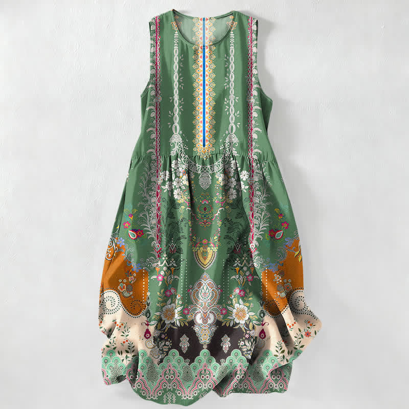 Buddha Stones Summer Casual Vintage Floral Medallions Leaves Pattern Women's Summer Sleeveless Midi Dress With Pockets - ForestGreen - US16，UK/AU20，EU48 (3XL) - image 4