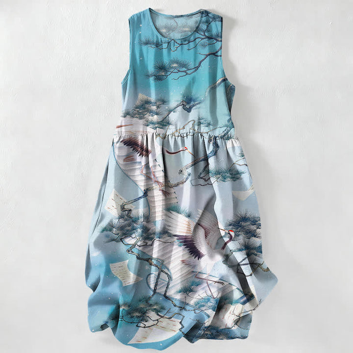 Buddha Stones Summer Casual Ink Wash Crane Pine Pattern Women's Summer Sleeveless Midi Dress With Pockets - PowderBlue - US16，UK/AU20，EU48 (3XL) - image 0