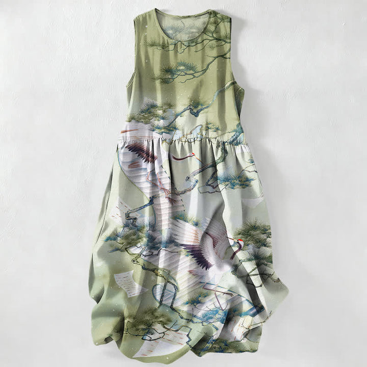 Buddha Stones Summer Casual Ink Wash Crane Pine Pattern Women's Summer Sleeveless Midi Dress With Pockets - PaleGreen - US16，UK/AU20，EU48 (3XL) - image 4