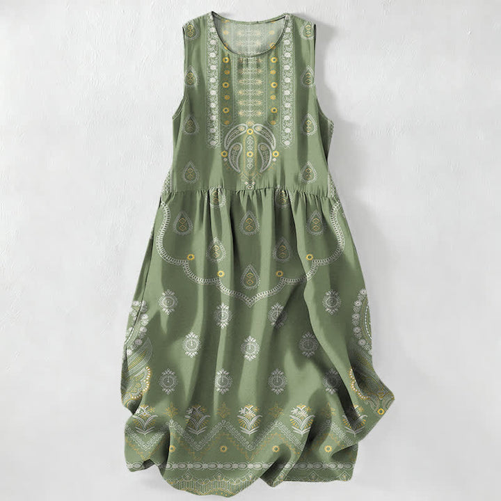 Buddha Stones Summer Casual Boho Paisley Medallion Pattern Women's Summer Sleeveless Midi Dress With Pockets - OliveDrab - US16，UK/AU20，EU48 (3XL) - image 4