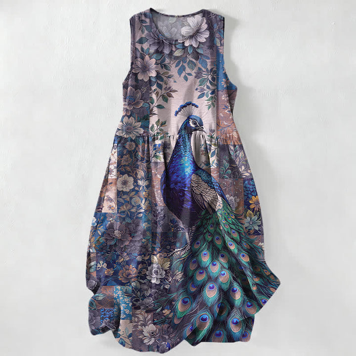 Buddha Stones Summer Casual Peacock Floral Patchwork Pattern Women's Summer Sleeveless Midi Dress With Pockets - MediumPurple - US16，UK/AU20，EU48 (3XL) - image 5