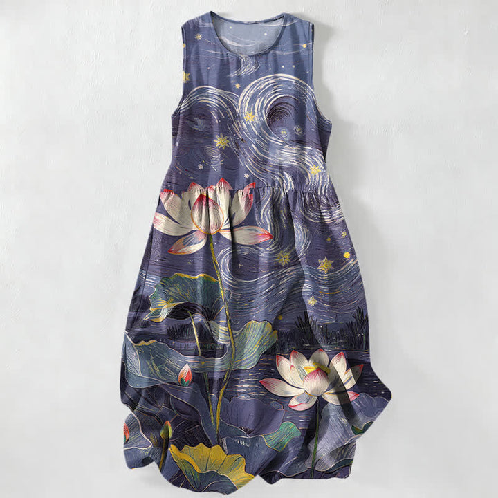 Buddha Stones Summer Casual Lotus Swirl Pattern Women's Summer Sleeveless Midi Dress With Pockets - Indigo - US16，UK/AU20，EU48 (3XL) - image 4