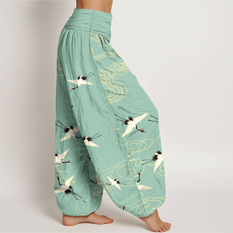 Buddha Stones Cotton Flying Crane Pattern Women's Elastic Waist Harem Pants - image 1