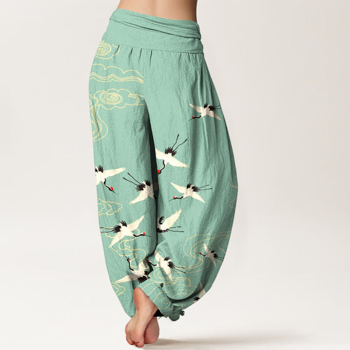 Buddha Stones Cotton Flying Crane Pattern Women's Elastic Waist Harem Pants - image 2