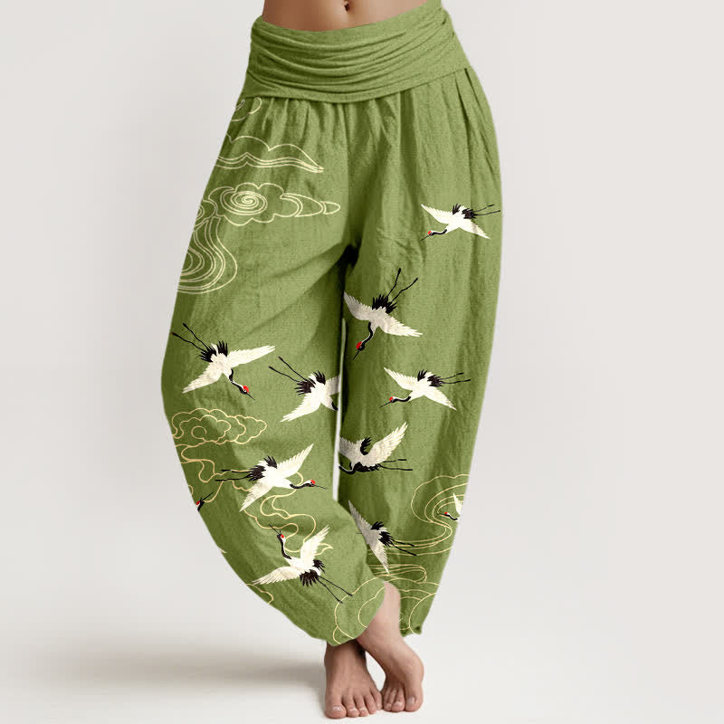 Buddha Stones Cotton Flying Crane Pattern Women's Elastic Waist Harem Pants - OliveDrab - US16，UK/AU20，EU48 (3XL) - image 5