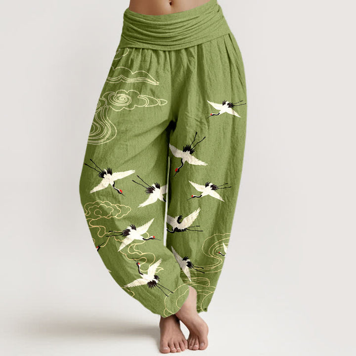 Buddha Stones Cotton Flying Crane Pattern Women's Elastic Waist Harem Pants - OliveDrab - US16，UK/AU20，EU48 (3XL) - image 5