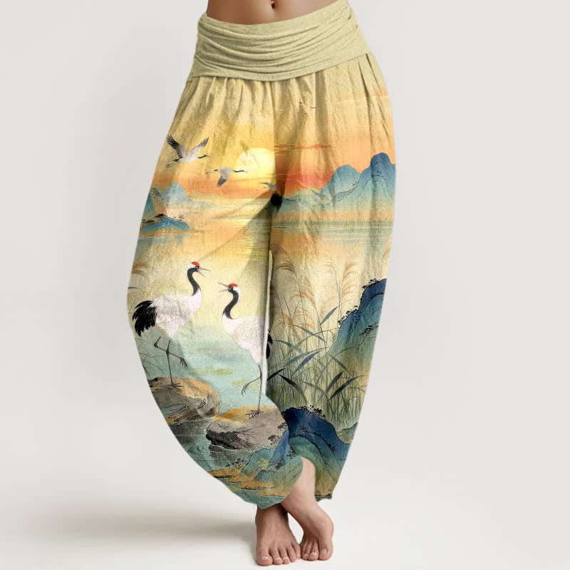 Buddha Stones Cotton Sunrise Mountain Crane Pattern Women's Elastic Waist Harem Pants - LemonChiffon - US16，UK/AU20，EU48 (3XL) - image 0