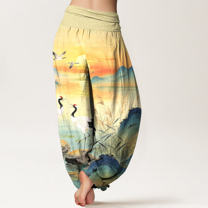 Buddha Stones Cotton Sunrise Mountain Crane Pattern Women's Elastic Waist Harem Pants - image 2