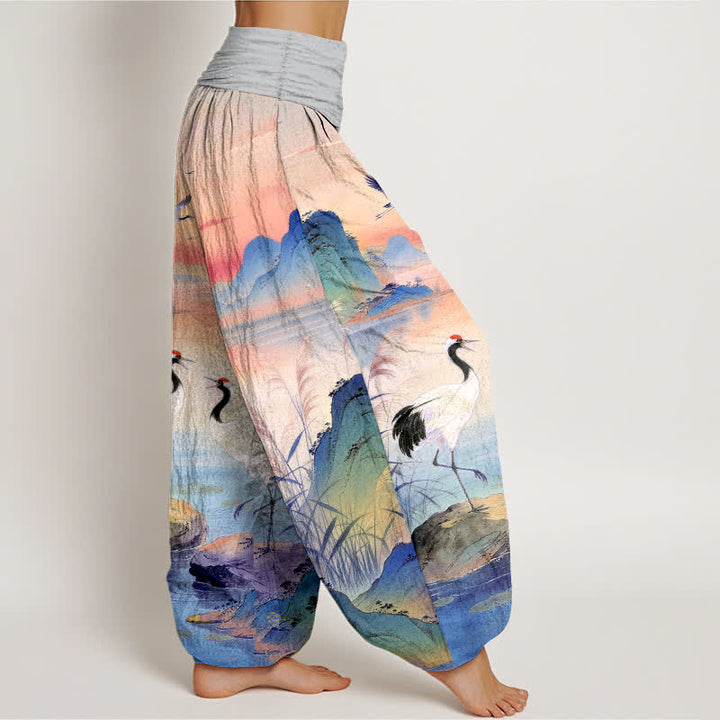 Buddha Stones Cotton Sunrise Mountain Crane Pattern Women's Elastic Waist Harem Pants - image 6