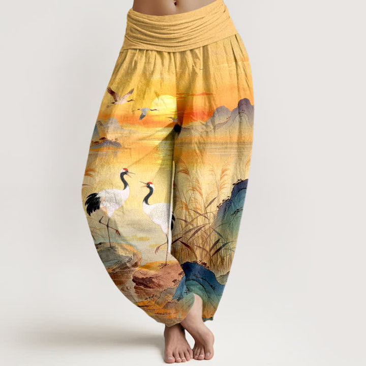 Buddha Stones Cotton Sunrise Mountain Crane Pattern Women's Elastic Waist Harem Pants - Gold - US16，UK/AU20，EU48 (3XL) - image 8