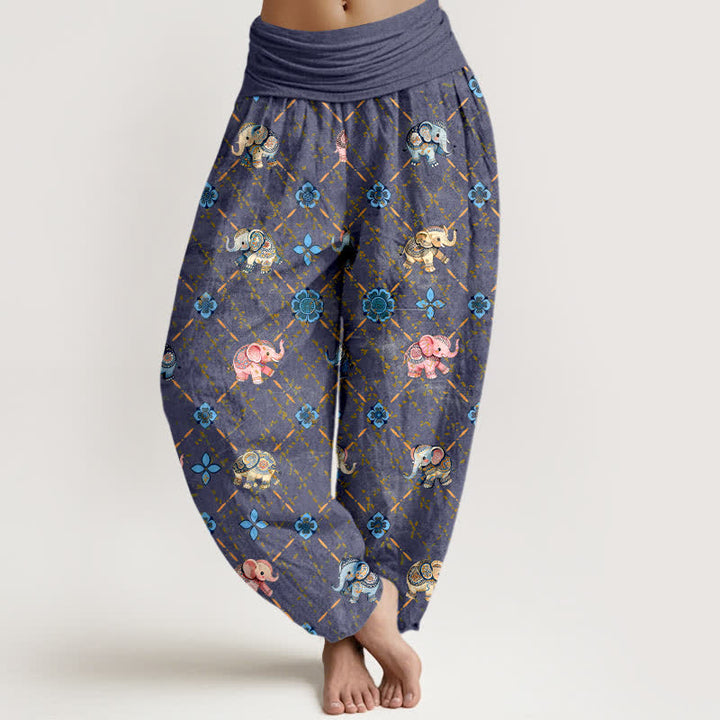 Buddha Stones Cotton Elephant Floral Pattern Women's Elastic Waist Harem Pants - SlateBlue - US16，UK/AU20，EU48 (3XL) - image 0