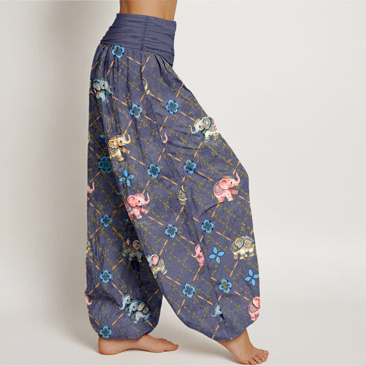 Buddha Stones Cotton Elephant Floral Pattern Women's Elastic Waist Harem Pants - image 1