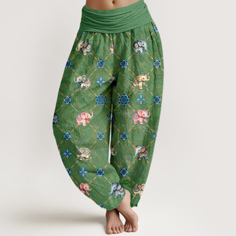 Buddha Stones Cotton Elephant Floral Pattern Women's Elastic Waist Harem Pants - Green - US16，UK/AU20，EU48 (3XL) - image 8