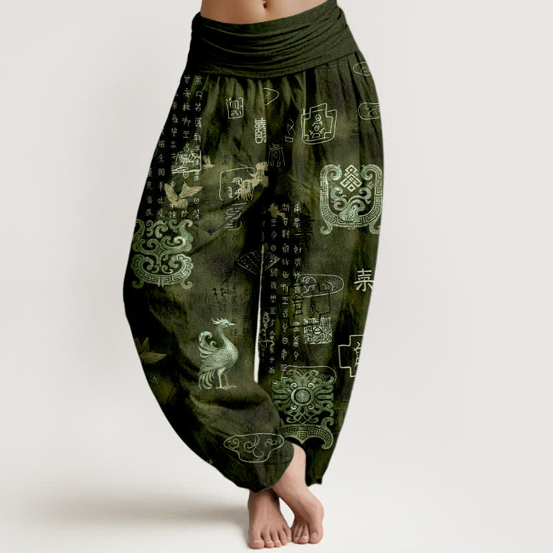 Buddha Stones Cotton Phoenix Cloud Pattern Women's Elastic Waist Harem Pants - DarkOliveGreen - US16，UK/AU20，EU48 (3XL) - image 5