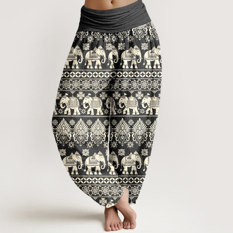 Buddha Stones Cotton Elephant Tribal Stripe Pattern Women's Elastic Waist Harem Pants - DimGray - US16，UK/AU20，EU48 (3XL) - image 5