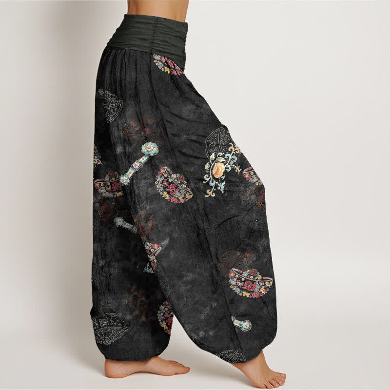 Buddha Stones Cotton Bohemian Floral Fan Pattern Women's Elastic Waist Harem Pants - image 1