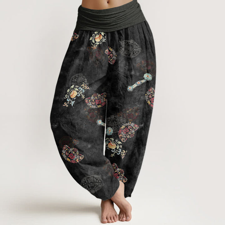 Buddha Stones Cotton Bohemian Floral Fan Pattern Women's Elastic Waist Harem Pants - Black - US16，UK/AU20，EU48 (3XL) - image 0