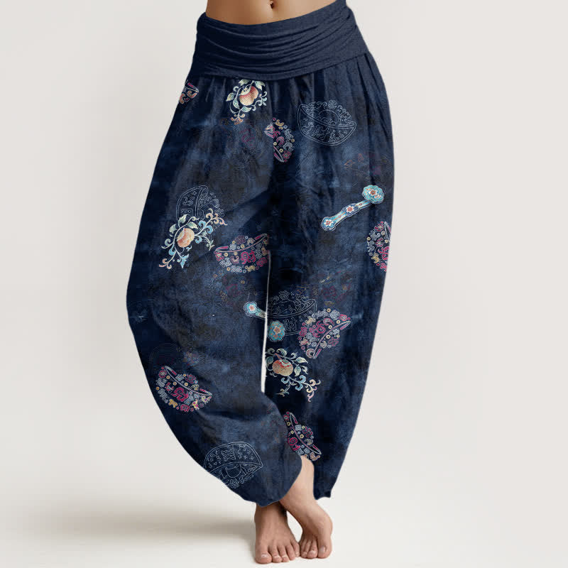 Buddha Stones Cotton Bohemian Floral Fan Pattern Women's Elastic Waist Harem Pants - Navy - US16，UK/AU20，EU48 (3XL) - image 8