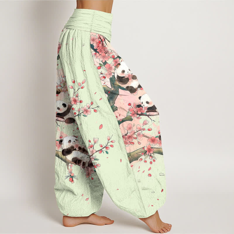 Buddha Stones Cotton Panda Sakura Blossom Pattern Women's Elastic Waist Harem Pants - image 6