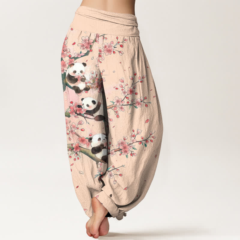 Buddha Stones Cotton Panda Sakura Blossom Pattern Women's Elastic Waist Harem Pants - image 10