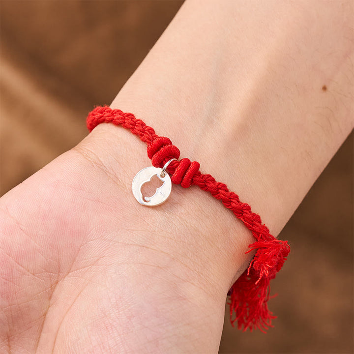 Buddha Stones 925 Sterling Silver Red String Protection Cat Round Hollow Design Charm Bracelet - image 5
