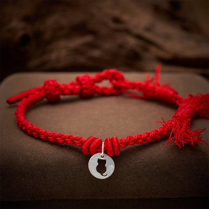 Buddha Stones 925 Sterling Silver Red String Protection Cat Round Hollow Design Charm Bracelet - image 3