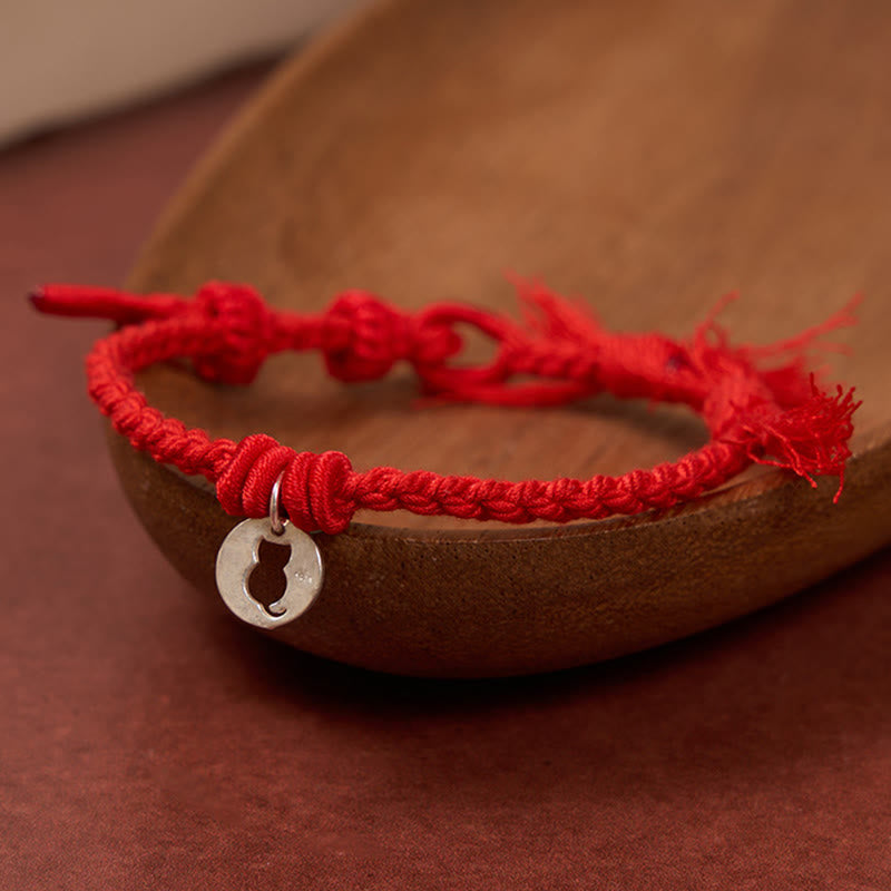 Buddha Stones 925 Sterling Silver Red String Protection Cat Round Hollow Design Charm Bracelet - image 1