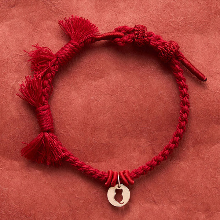Buddha Stones 925 Sterling Silver Red String Protection Cat Round Hollow Design Charm Bracelet - image 4