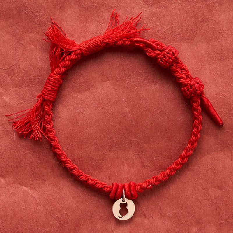 Buddha Stones 925 Sterling Silver Red String Protection Cat Round Hollow Design Charm Bracelet - image 14