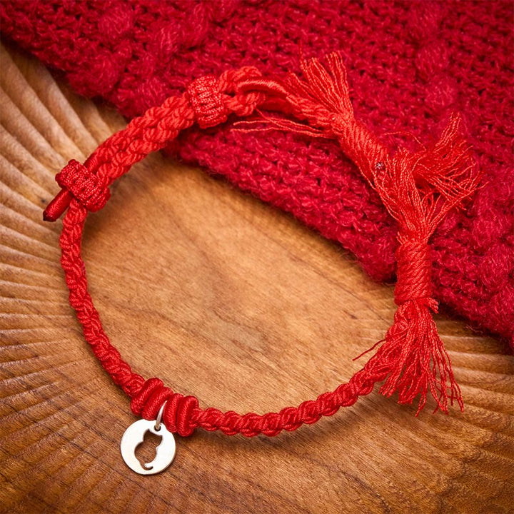 Buddha Stones 925 Sterling Silver Red String Protection Cat Round Hollow Design Charm Bracelet - Red(Wrist Circumference 14–17cm) - image 0