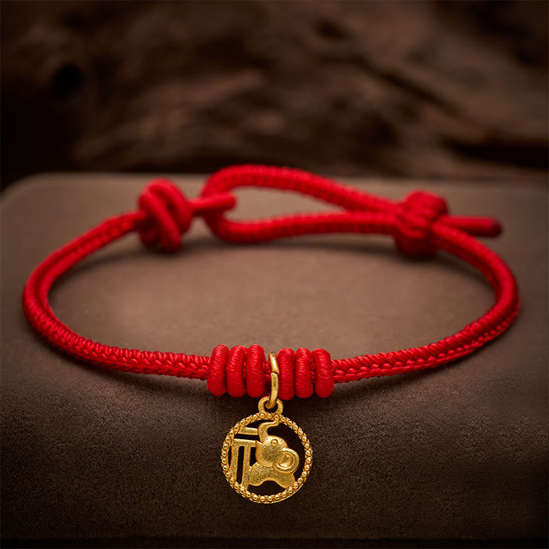 Buddha Stones Elephant Fu Character Gold Plated Copper Red String Wealth Bracelet - Red(Wrist Circumference 15-18cm) - image 0