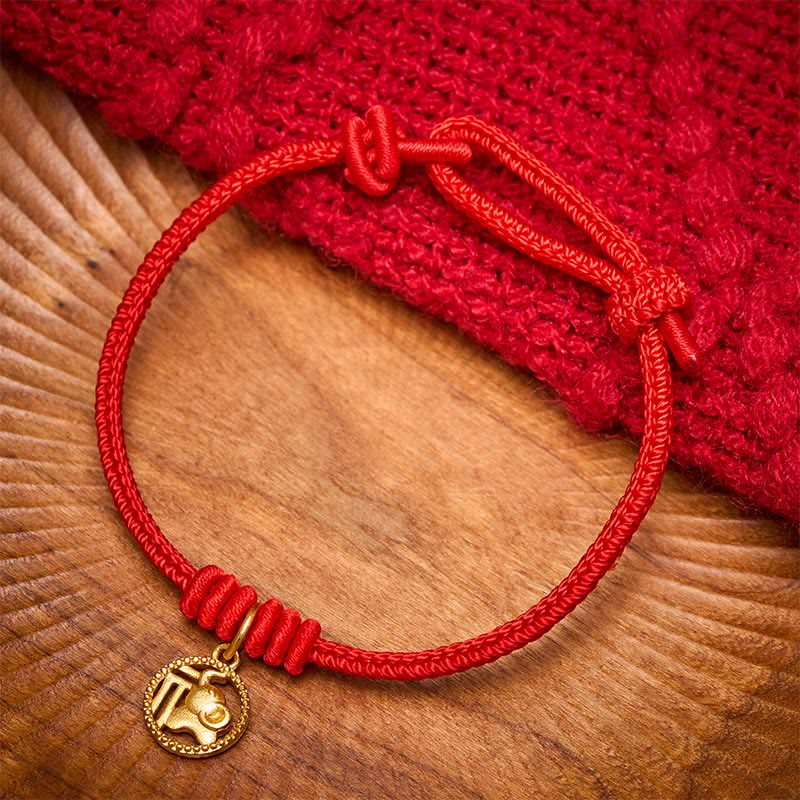 Buddha Stones Elephant Fu Character Gold Plated Copper Red String Wealth Bracelet - image 1