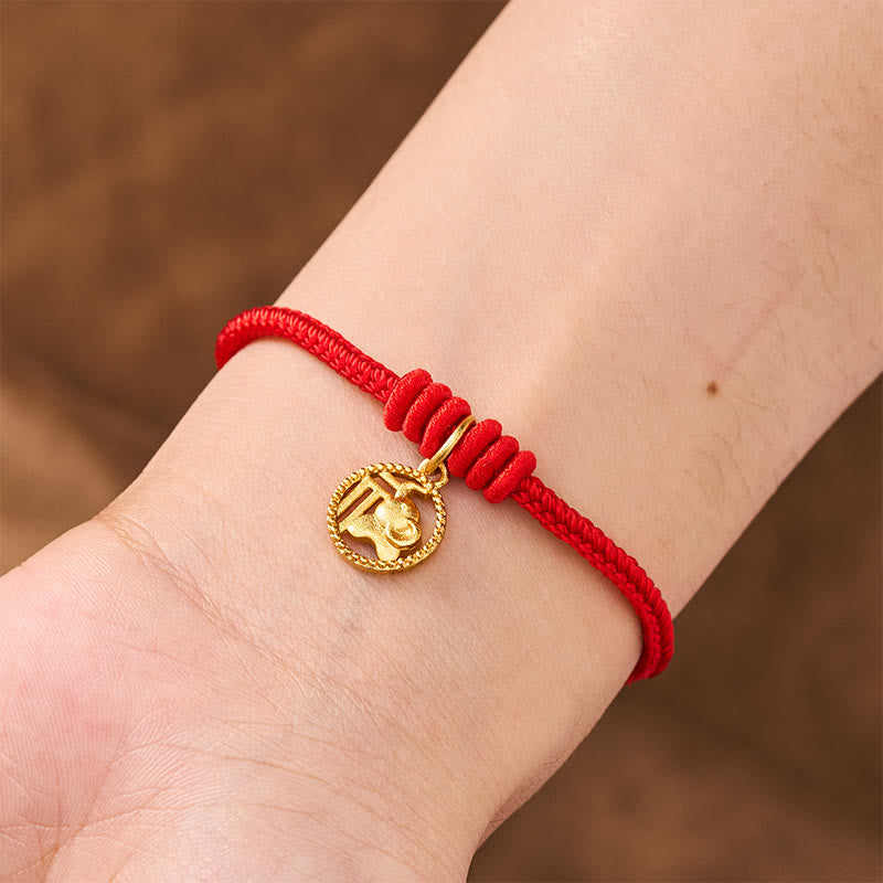 Buddha Stones Elephant Fu Character Gold Plated Copper Red String Wealth Bracelet - image 5