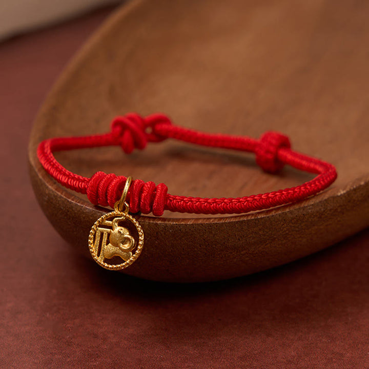 Buddha Stones Elephant Fu Character Gold Plated Copper Red String Wealth Bracelet - image 2